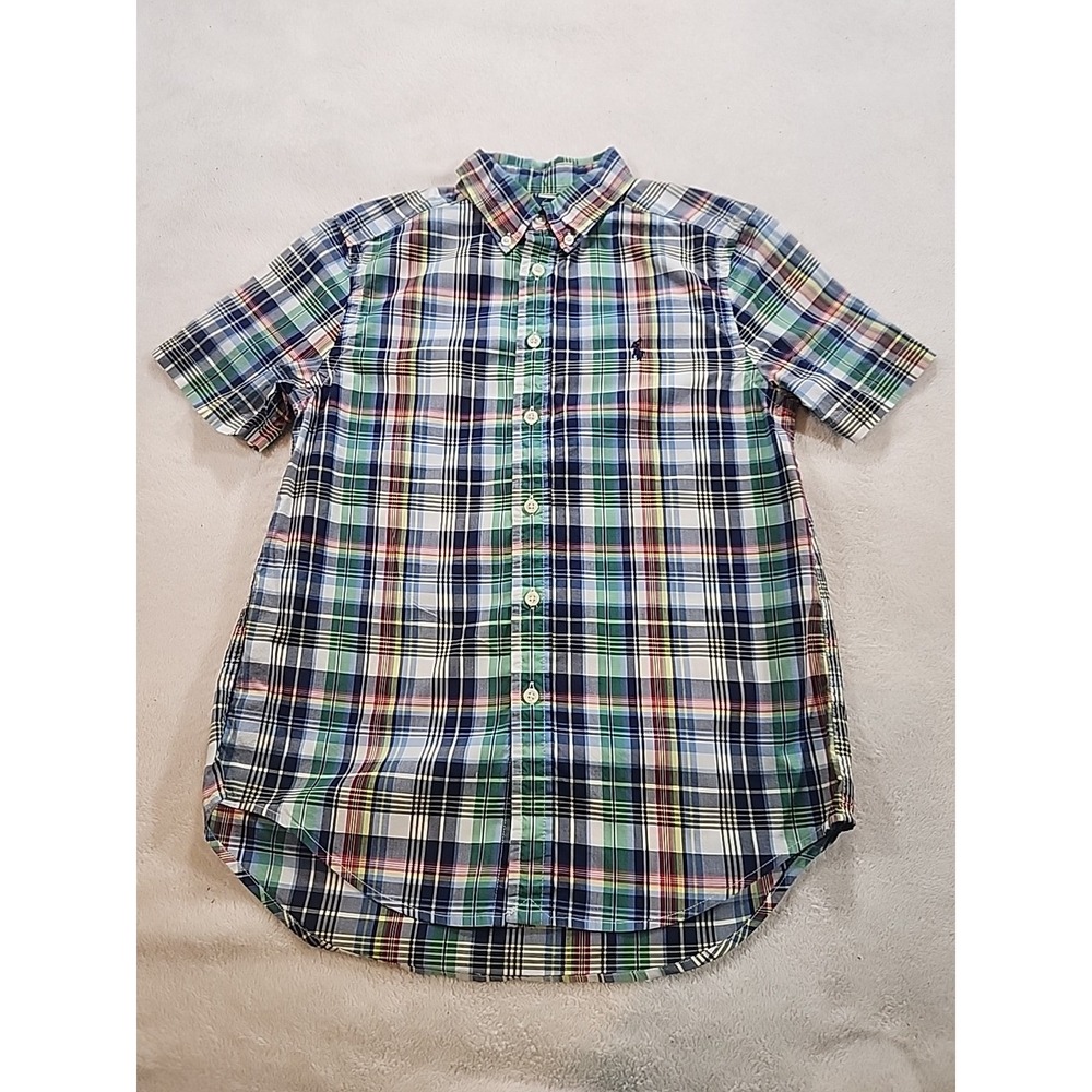Ralph Lauren Button Up Short Sleeve Blue Green Plaid Youth Boys Size Med 10-12‎